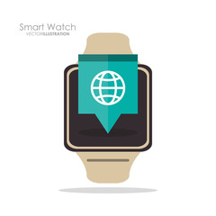 Smart watch and global icon. App media wearable technology and gadget theme. Colorful design. Vector illustration