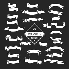 Vector  hand drawn big set of ribbon banners and arrows isolated on black background and easy to use. Black and white collections.