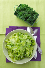 Tagliatelle pasta with kale pesto and kale