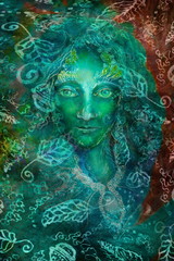 green fantasy fairy spirit with leaf ornaments, illustration collage