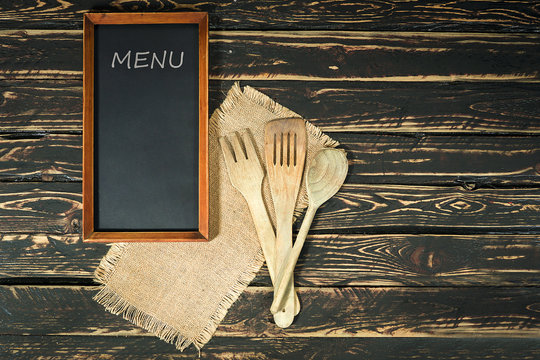Wooden kitchen accessories for jute and menu blackboard