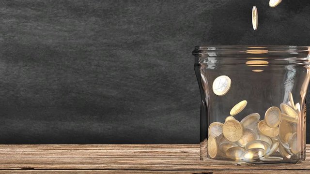 Pot se remplissant de pi&egrave;ces de monnaie. Cette vid&eacute;o est une m&eacute;taphore pour l'&eacute;pargne financi&egrave;re. Rendu 3D.
