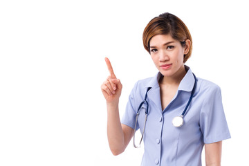 confident nurse pointing one finger up to blank space