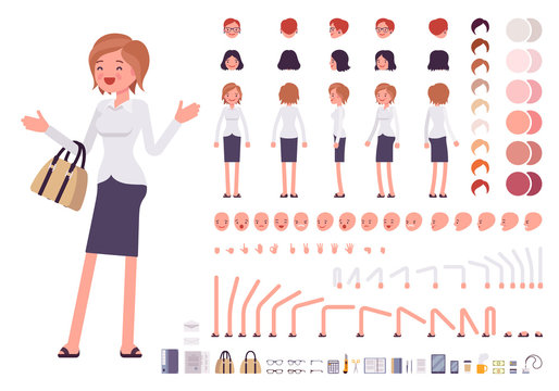 Female clerk character creation set. Build your own design. Cartoon vector flat-style infographic illustration