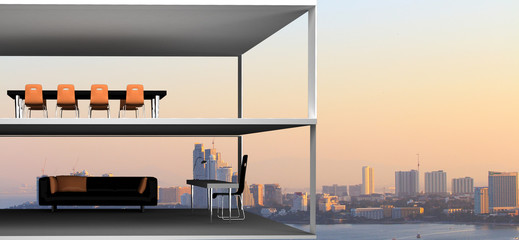 Conference room. Modern office with windows and city view/3D Rendering