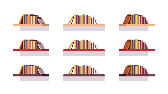 Set of retro flat bookshelves isolated against white background. Cartoon vector flat-style illustration