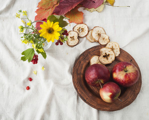 ripe apples in a beautiful plate, a bouquet of wildflowers, autumn leaf , red viburnum