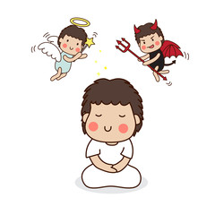 A boy meditating. Angel and devil.