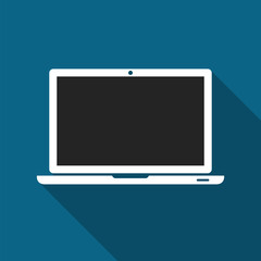 Laptop icon with blank screen isolated on blue background with shadow. Notebook symbol for web site design, logo, app. Vector illustration.