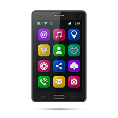 Realistic smartphone with app icons. Touchscreen smartphone with colorful social media application icons. Vector isolated black mobile phone on white background.