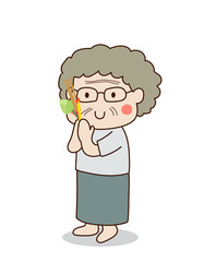 Buddhist elderly woman walking with lighted candles in hand around a temple to pay respect to the Triple Refuges (Buddha, Dhamma, Sangha) vector illustration. Isolated on white background.