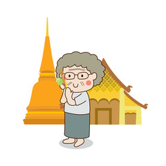Buddhist elderly woman walking with lighted candles in hand around a temple to pay respect to the Triple Refuges (Buddha, Dhamma, Sangha) vector illustration. Isolated on white background.