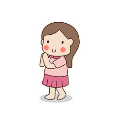 Buddhist girl standing and paying respect to the Buddha vector illustration. Isolated on white background.