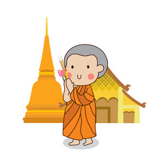 Buddhist novice walking with lighted candles in hand around a temple to pay respect to the Triple Refuges (Buddha, Dhamma, Sangha) vector illustration. Isolated on white background.