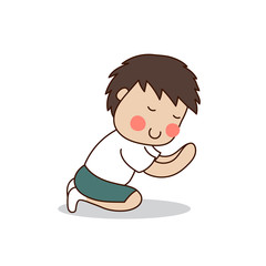 Buddhist boy sitting and paying respect to the Buddha vector illustration. Isolated on white background.