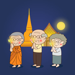 Buddhist walking with lighted candles in hand around a temple to pay respect to the Triple Refuges (Buddha, Dhamma, Sangha) vector illustration.