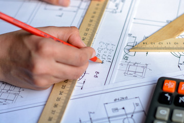 Architect workplace - architectural project, blueprints, ruler. Construction concept. Engineering tools. 