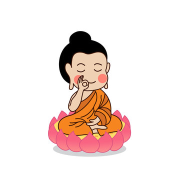 Buddha sitting on lotus with the right hand raising vector illustration. Isolated on white background.