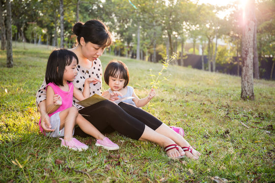 Asian Chinese Mother and Daughters Reading at Park