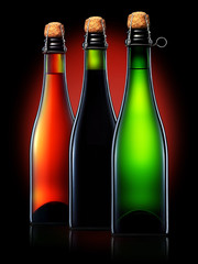 Set of beer bottles with clipping path isolated on black gradient background