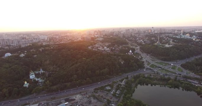 Flying Sunset And Bridge On River