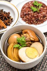 stewed eggs  (Khai Pa Lo) with brown rice and ingredient