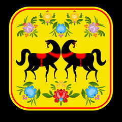 Gorodets painting Black horse and floral elements. Russian natio