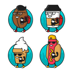 Cartoon cool Coffee bean, paper cup, Hotdog, Ice Cream character. Street food illustration stickers, batches set. Isolated on white background. Logo template design, badge for shop