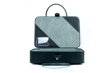 Open black leather handbag isolate on white background