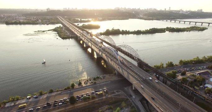 Flying Sunset And Bridge On River