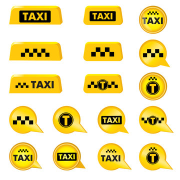 Taxi header signs. Taxi icon set. Call taxi pointer and logos collection.