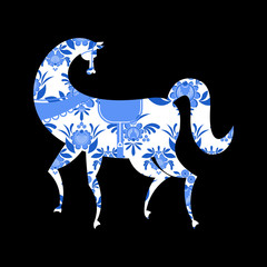 horse Gzhel painted. Russian national folk craft. Traditional de
