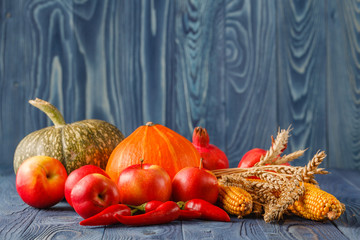 Autumn concept with seasonal fruits and vegetables