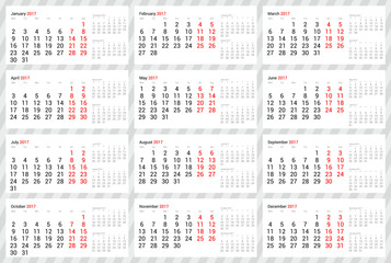 Year 2017 vector calendar, week starts on Monday