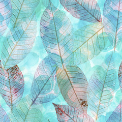 Seamless watercolor pattern with teal blue skeleton leaves