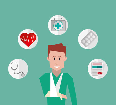 happy injured man with insurance services related icons image vector illustration