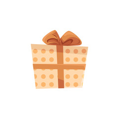 Christmas gift box, cartoon vector illustration isolated on white background. Xmas, birthday, anniversary present in dotted beige wrapping paper with golden bow, Christmas decoration element
