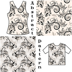Seamless Floral Pattern, Contours and Silhouettes Symbolical Flowers and Plants, Background for Design, Prints and Banners, For the Example Presented in a Female Top and Shirt. Vector