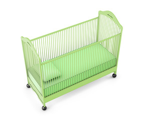 Green baby cot isolated on white background. 3d rendering
