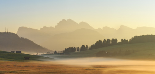 Foggy morning in Alpe di Siusi in Dolomites, Italy