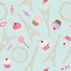 Cute vintage seamless pattern background with Eiffel tower and cupcakes. For notebook cover, wrapping or scrapbook paper.