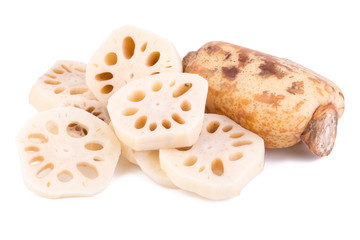 fresh lotus root with slices isolated on white background