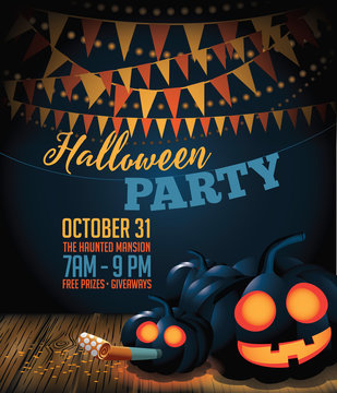 Halloween party background with pumpkins, bunting, copy space and confetti. EPS 10 vector