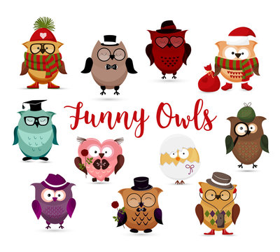 Funny owls set. Cute cartoon owls fashion costume outfits.