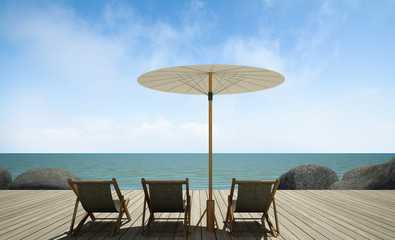 daybed with umbrella on  wooden terrace at sea view, 3D rendering image