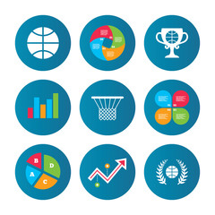 Basketball icons. Ball with basket and cup symbols.