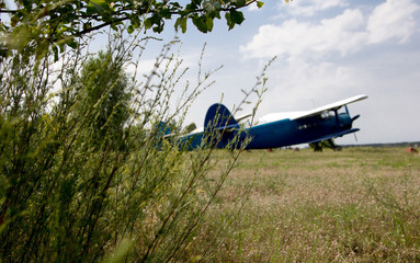Aircraft vintage on the airfield in the background.