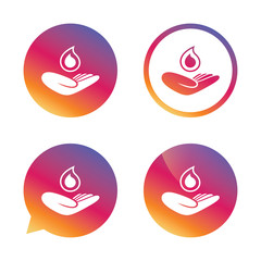 Save water sign. Hand holds water drop symbol.