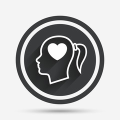 Head with heart sign icon. Female woman head.