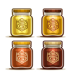 Vector Set logo wild flower chamomile yellow pure Honey in glass Jar with label, pot dark buckwheat raw honey jar with plastic cap, container liquid dessert for breakfast isolated on white background.